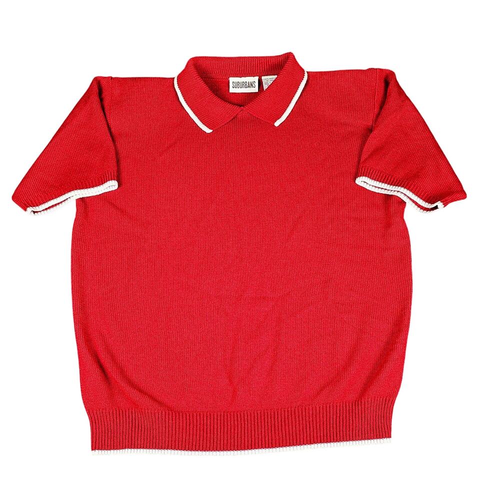 VTG Suburbans short sleeve sweater womans sz L red white trim collar classic